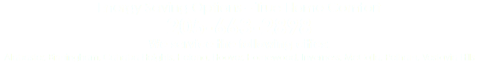 Energy Saving Options – True Home Comfort 205-663-2898 We service the following cities: Alabaster, Birmingham, Cahaba Heights, Helena, Hoover, Homewood, Inverness, McCalla, Pelham, Vestavia Hills